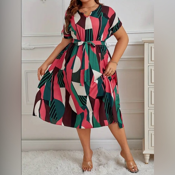 Temu Geo Print Tie Waist Dress 3XL - Picture 4 of 6